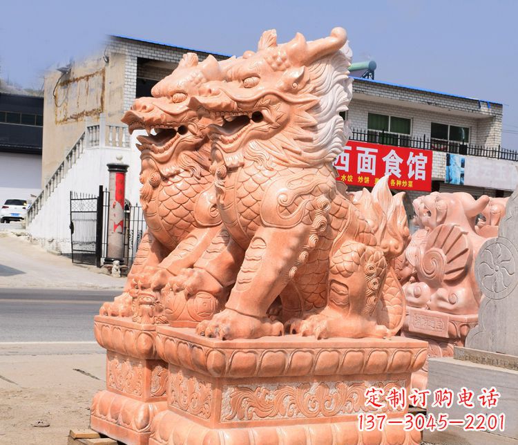 丽水踩球晚霞红麒麟门口镇宅石雕 (3)