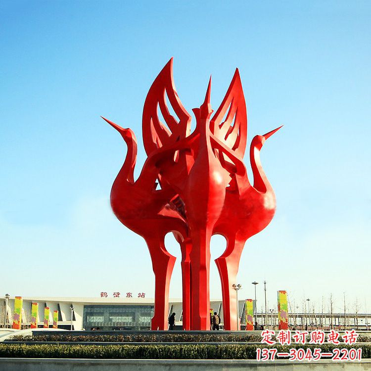 丽水城市广场4只展翅欲飞的不锈钢仙鹤动物景观雕塑