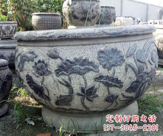 丽水中领雕塑仿古荷花石浮雕水缸