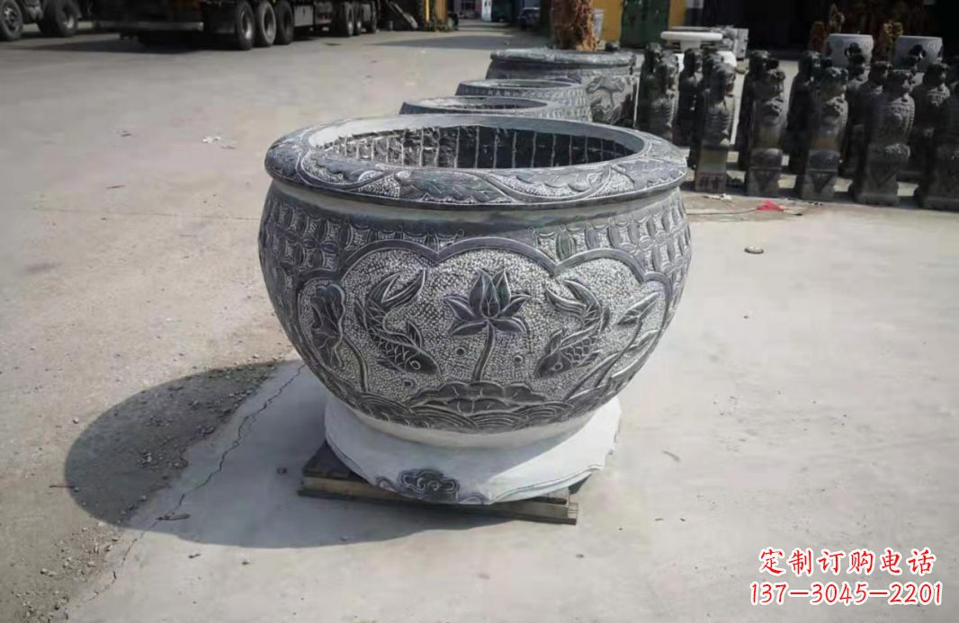 丽水仿古石水缸荷花鲤鱼石雕