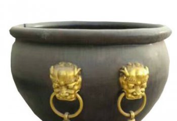 丽水传统工艺鎏金狮子头水缸铜雕塑