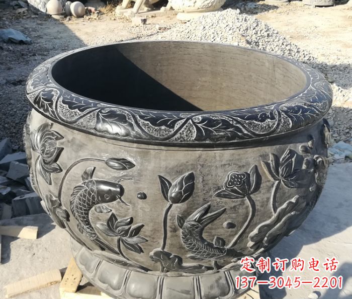 丽水青石仿古雕塑荷花水缸