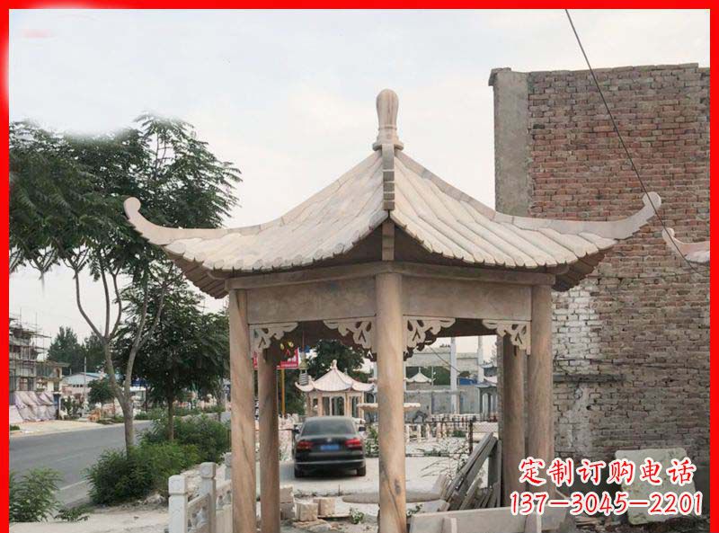 丽水公园晚霞红六角石凉亭雕塑