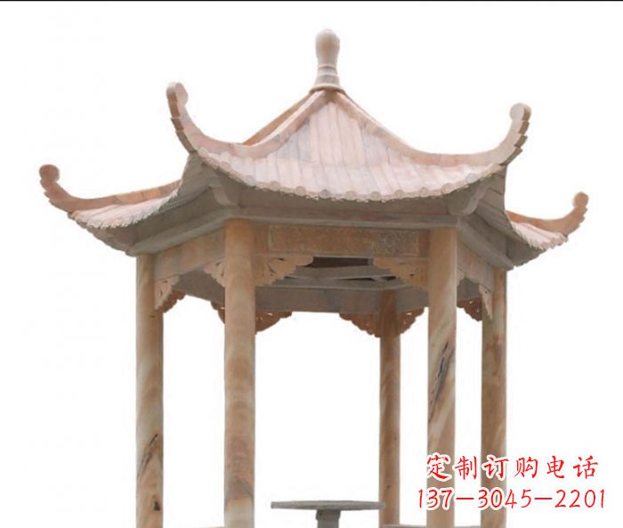 丽水美丽而优雅的公园晚霞红六角石凉亭雕塑