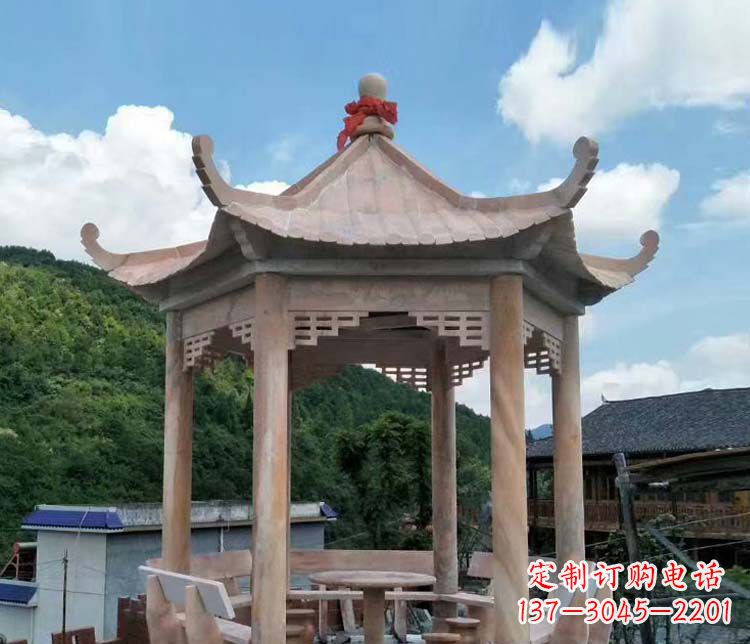 丽水一流的公园晚霞红六角石雕凉亭