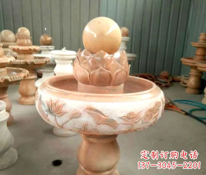 丽水石来运转晚霞红风水球喷泉石雕