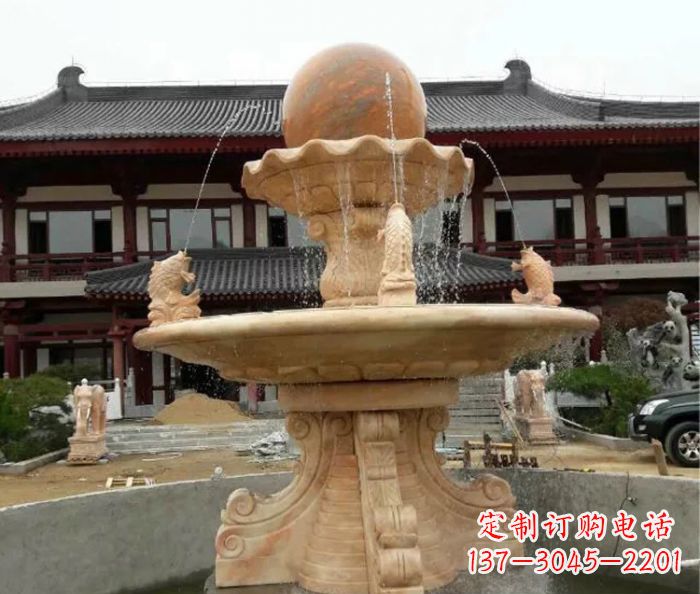 丽水双层风水球喷泉晚霞红石雕