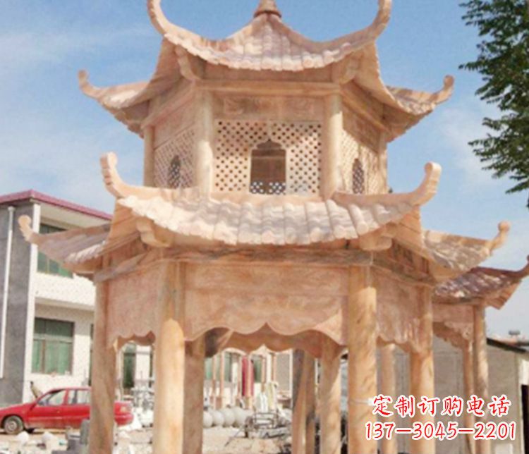 丽水双层晚霞红石凉亭石雕