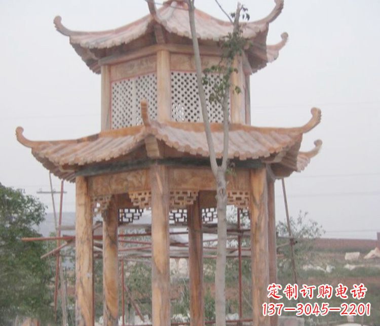 丽水双层晚霞红石凉亭石雕 (2)