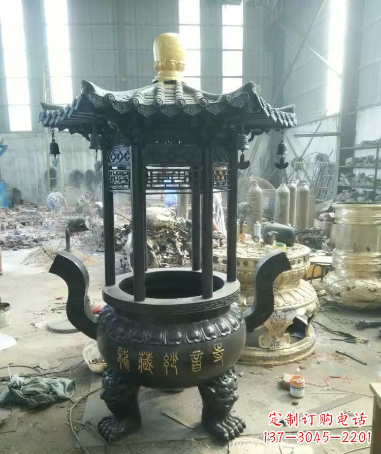 丽水寺庙圆香炉铜雕 (2)