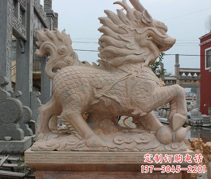 丽水晚霞红古代神兽麒麟石雕