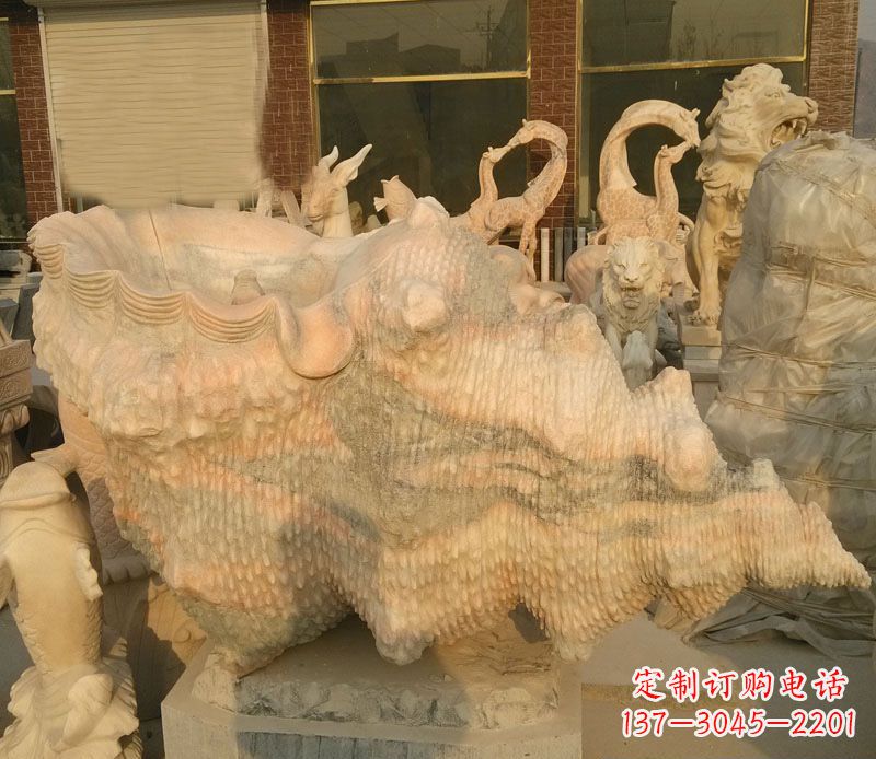 丽水晚霞红海螺石雕