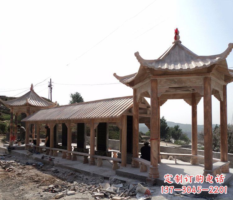 丽水园林晚霞红长廊凉亭景观石雕