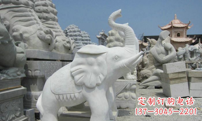 丽水招财动物汉白玉长鼻小象石雕