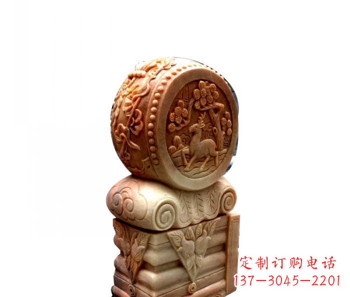 丽水招财石门墩晚霞红抱鼓石
